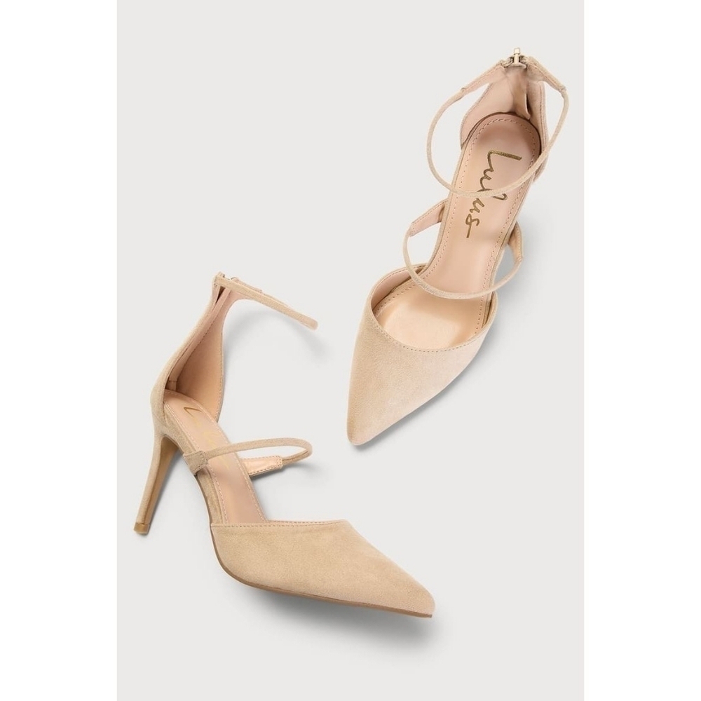 Lulus Lovelee Light Nude Suede Pointed-Toe Ankle Strap Pumps